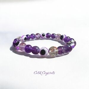 Evil Eye Amethyst Bracelet Natural Stones 8mm Unisex Stretch Bracelet